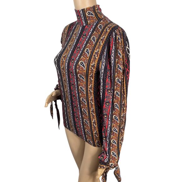 Free People Donatella Turtleneck Paisley Retro Stripe Boho Tied Sleeve Top SZ M - Picture 7 of 11